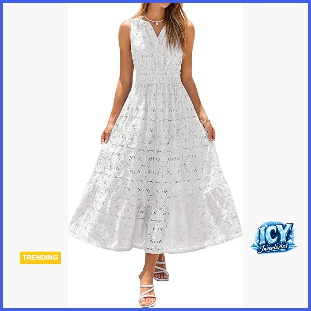 Cotton Blend Lace Eyelet Maxi Dress Sleeveless V Neck A Line Boho